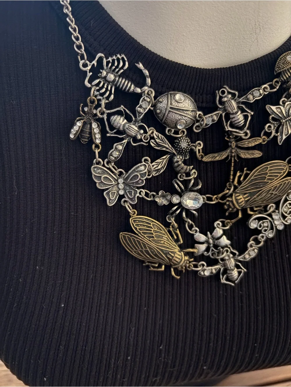 Whimsical Multi-Layered Insect Statement Necklace Silver Brass Rhinestone